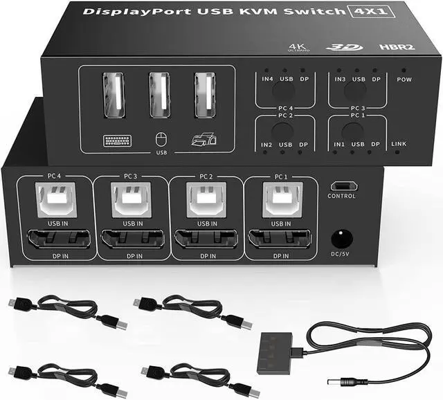4 in 1 Out DisplayPort KVM Switch 4x1 4 Port 4K 60Hz USB and DP Switch for 4 Computers Share Keyboard Mouse Printer Monitor for Laptop PC with 4X USB Cable 1x Switch Button Cable 1x Power Cable