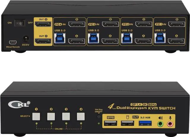 4 in 1 out DP1.4 USB3.0 KVM Switch Support Dual Monitor Extend Display 8K 30Hz 4K 120HZ 144Hz Kevboard Video Mouse Peripherals Switcher for 4 Computers