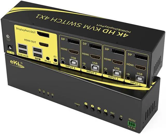 4 in 2 out DP HDMI KVM Switch Dual Screen KVM Switch supports 4 hosts to share 1 set of Keyboard and Mouse and 2 Monitors 4K 60Hz DP1.2 HDMI2.0