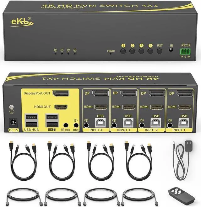 4 in 2 Out Dual Monitor HDMI + DisplayPort KVM Switch 4 Computer 2 Monitors Extended Display 4K 60Hz 4:4:4 with Audio and USB 2.0 Hub Sharing PC Monitors One Set of Keyboard and Mouse Switcher