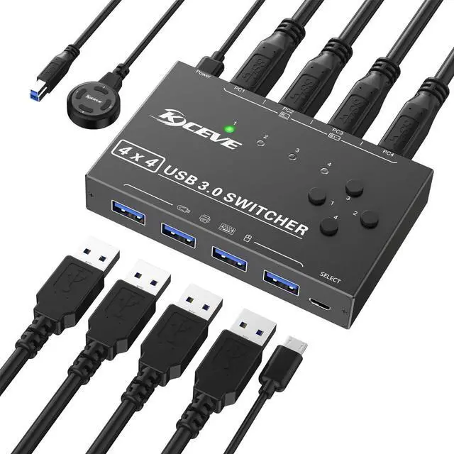 4 in 4 Out USB 3.0 Switch 4 Computers 4 Port USB Switch Selector Sharing 4 USB Devices mouse keyboard scanner printer PC Compatible with Mac/Windows/Linux. With wired remote and 4 USB 3.0 Cable
