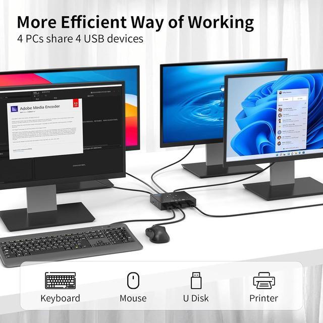 4 In 4 Out USB 3.0 Switch USB 3.0 Switch For 4 Computers Sharing 4 USB Peripheral Devices Switcher Hub For PC Laptop Mouse Keyboard Scanner Printer With One Button Swapping And 3.5mm Audio Output