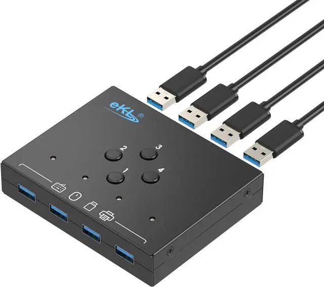 4 in 4 Out USB 3.0 Switch USB 3.0 Switch for 4 Computers Sharing 4 USB Peripheral Devices Switcher Hub for PC Laptop Mouse Keyboard Scanner Printer with One Button Swapping and 3.5mm Audio Output