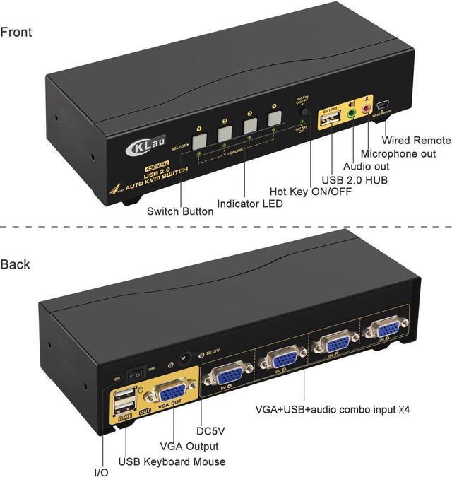 4 Port 450MHz USB Auto VGA KVM Switch With Audio And Cables Monitor Switch For Multiple Computers Support Windows Linux Mac Debian Ubuntu Fedora Raspbian Ubuntu