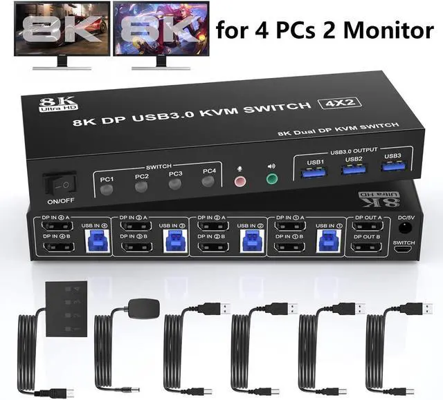 4 Port 8K Displayport USB 3.0 KVM Switch 2 Monitors for 4 Computers 2 Monitors DP1.4 Display Port KVM Switch with Audio Microphone Output and 3 USB 3.0 Port 8K DP Monitor Switch for 4 PCs 2 Monitors