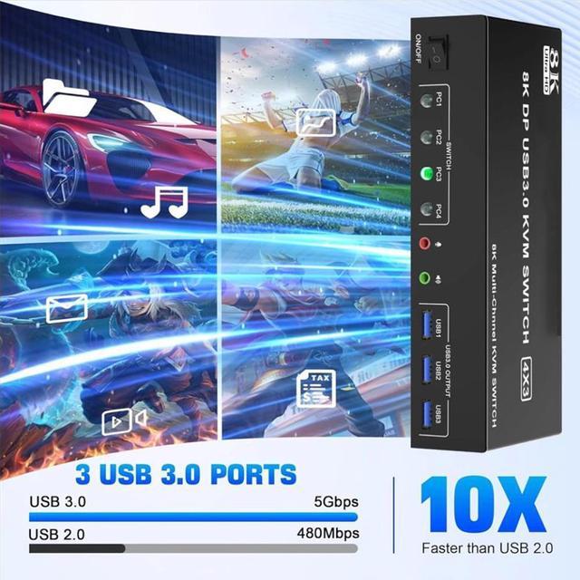 4 Port 8K Displayport USB 3.0 KVM Switch 3 Monitors 4 Computers DP1.4 Triple Monitor KVM Switch With Audio Microphone Output And 3 USB3.0 Ports Displayport KVM Triple Monitor Keyboard Mouse Switcher
