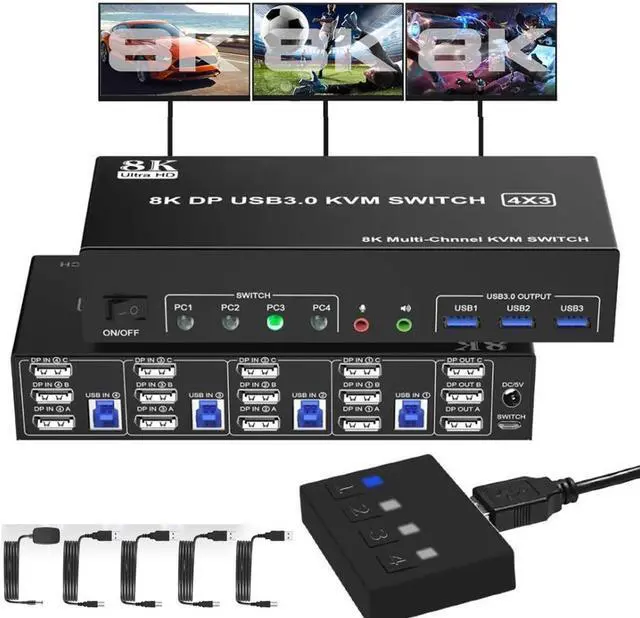 4 Port 8K Displayport USB 3.0 KVM Switch 3 Monitors 4 Computers DP1.4 Triple Monitor KVM Switch with Audio Microphone Output and 3 USB3.0 Ports Displayport KVM Triple Monitor Keyboard Mouse Switcher
