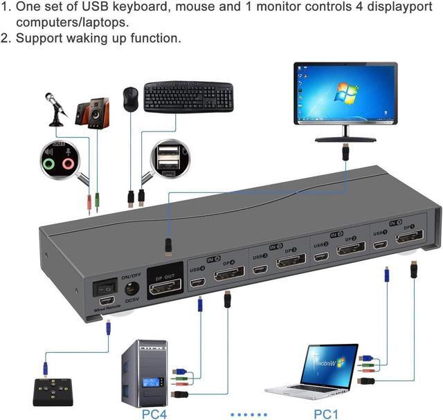4 Port Displayport Cable KVM Switch With Audio And Microphone Support Wireless Keyboard Mouse Remote Switching DP 1.2 Version 4K 60Hz
