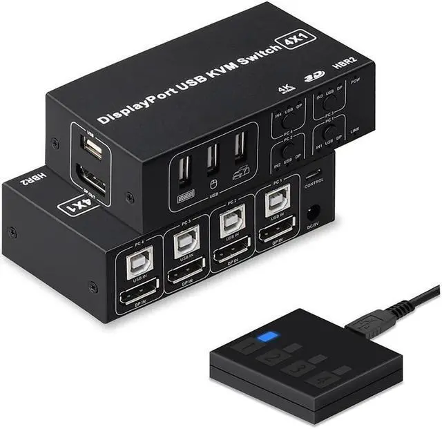 4 Port DisplayPort KVM Switch 3D UHD 4K 60Hz 4 in 1 Out USB and DP KVM Switcher for 4 PCs Share Keyboard Mouse Monitor and USB 2.0 Devices with 4 USB Cables