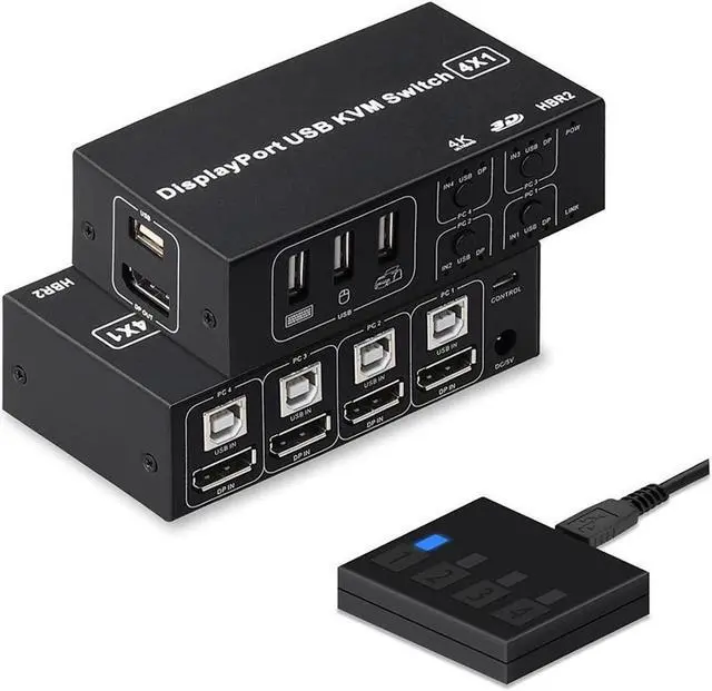 4 Port DisplayPort KVM Switch 3D UHD 4K 60Hz 4 in 1 Out USB and DP KVM Switcher for 4 PCs Share Keyboard Mouse Monitor and USB 2.0 Devices with 4 USB Cables