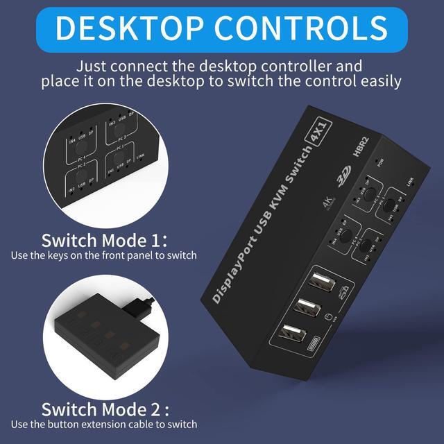 4 Port DisplayPort USB KVM Switch 4K 60Hz 2K 120Hz Ultra HD 4x1 DP KVM Switcher 4 In 1 Out With 4 Pcs 5ft KVM Cables + 4 DP Cables Supports USB 2.0 Device