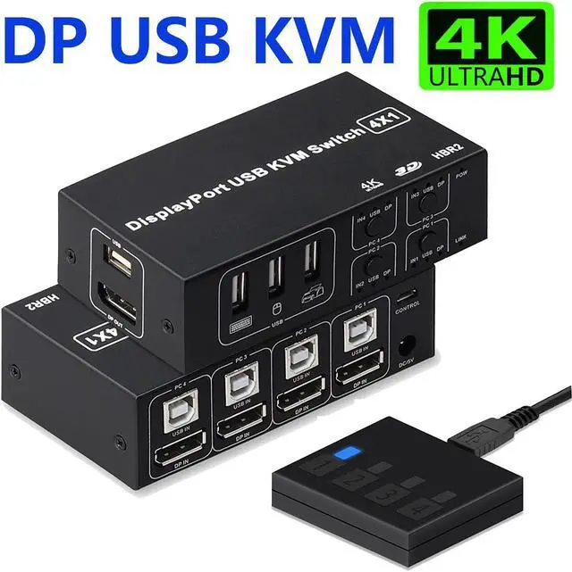 4 Port DisplayPort USB KVM Switch 4K 60Hz 2K 120Hz Ultra HD 4x1 DP KVM Switcher 4 in 1 Out with 4 Pcs 5ft KVM Cables + 4 DP Cables Supports USB 2.0 Device