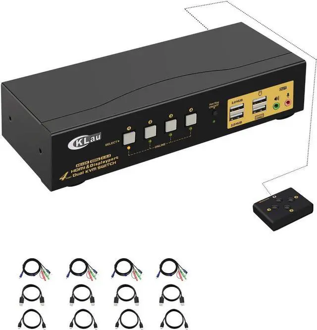 4 Port HDMI + Displayport Dual Monitor KVM Switch with Audio USB 2.0 Hub and Cables Support HDMI 2.0 HDCP 2.2 HDR 10 Max Resolution Up to 4096x2160 60Hz 4:4:4