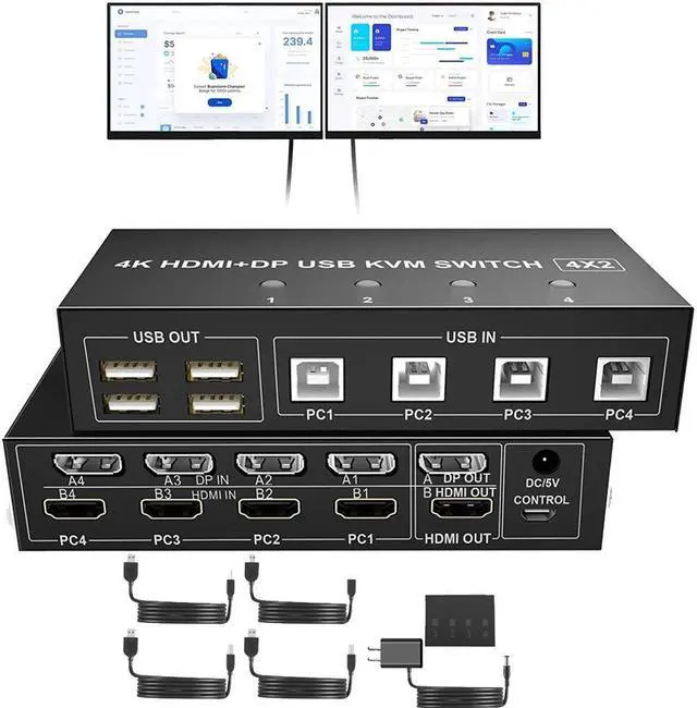 4 Port HDMI + Displayport KVM Switch 4x2 Dual Monitor DP+HDMI 60Hz Extended Display USB KVM Switch 4 in 2 out with 4 USB 2.0 Hub for 4 PC Share Keyboard Mouse Monitor with 4 USB Cables