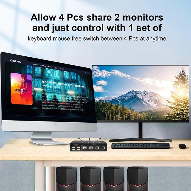 4 Port HDMI + Displayport KVM Switch Dual Monitor 4 Computers 4K 60Hz Support HDMI2.0 DP1.2 KVM Switch With 4 USB 2.0 Hub Keyboard Mouse Monitor Switcher For 4 PCs Dual Monitors 4 In 2 Out (HDMI+DP)