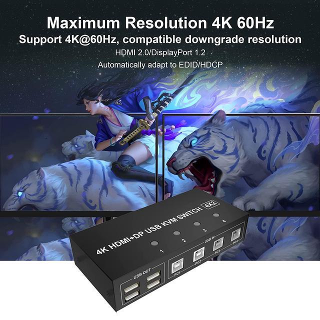 4 Port HDMI + Displayport KVM Switch Dual Monitor 4 Computers 4K 60Hz Support HDMI2.0 DP1.2 KVM Switch With 4 USB 2.0 Hub Keyboard Mouse Monitor Switcher For 4 PCs Dual Monitors 4 In 2 Out (HDMI+DP)