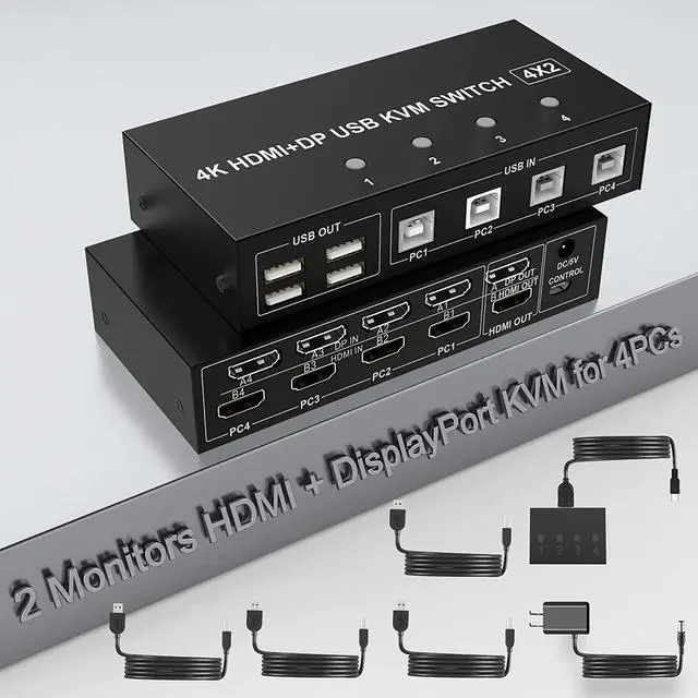 4 Port HDMI + Displayport KVM Switch Dual Monitor 4 Computers 4K 60Hz Support HDMI2.0 DP1.2 KVM Switch with 4 USB 2.0 Hub Keyboard Mouse Monitor Switcher for 4 PCs Dual Monitors 4 in 2 Out (HDMI+DP)