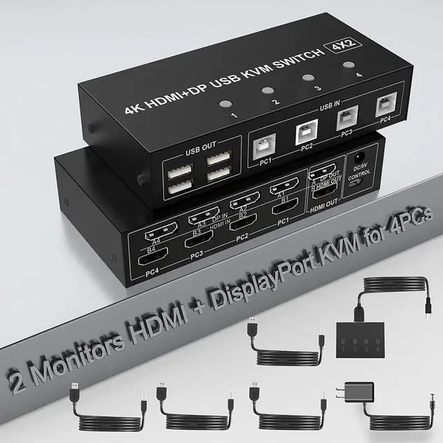 4 Port HDMI + Displayport KVM Switch Dual Monitor 4 Computers 4K 60Hz Support HDMI2.0 DP1.2 KVM Switch with 4 USB 2.0 Hub Keyboard Mouse Monitor Switcher for 4 PCs Dual Monitors 4 in 2 Out (HDMI+DP)
