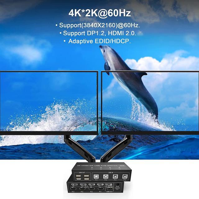 4 Port HDMI + DisplayPort KVM Switch Dual Monitor UHD 4K 60Hz KVM Switch 2 Monitors 4 Computers With 4 USB 2.0 Hub Keyboard Video Mouse Peripherals Switcher For 4 PCs Dual Monitors