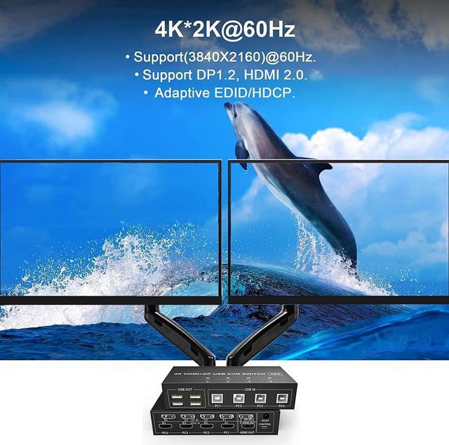 4 Port HDMI + DisplayPort KVM Switch Dual Monitor UHD 4K 60Hz KVM Switch 2 Monitors 4 Computers With 4 USB 2.0 Hub Keyboard Video Mouse Peripherals Switcher For 4 PCs Dual Monitors