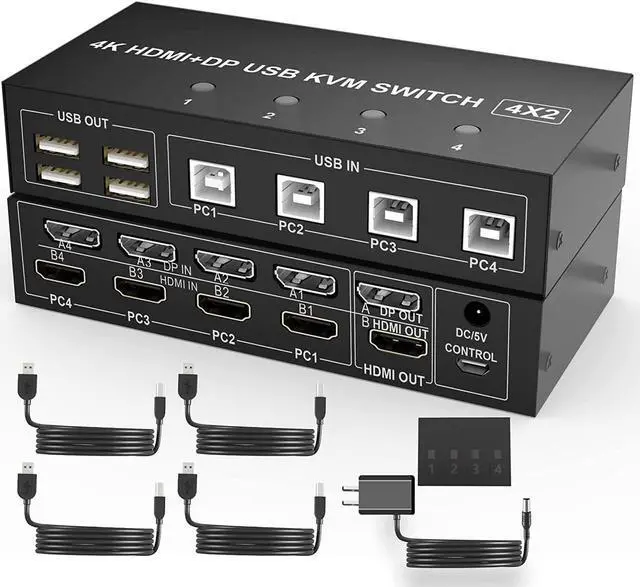4 Port HDMI + DisplayPort KVM Switch Dual Monitor UHD 4K 60Hz KVM Switch 2 Monitors 4 Computers with 4 USB 2.0 Hub Keyboard Video Mouse Peripherals Switcher for 4 PCs Dual Monitors
