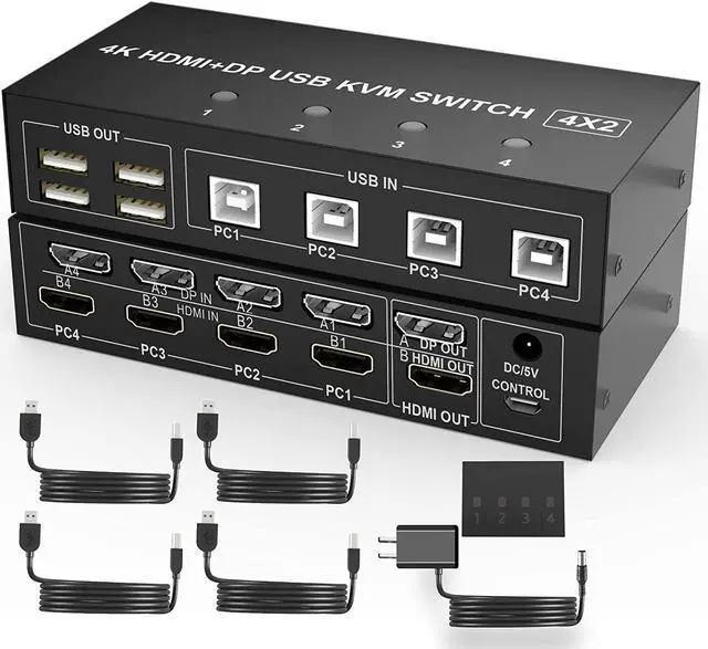 4 Port HDMI + DisplayPort KVM Switch Dual Monitor UHD 4K 60Hz KVM Switch 2 Monitors 4 Computers with 4 USB 2.0 Hub Keyboard Video Mouse Peripherals Switcher for 4 PCs Dual Monitors