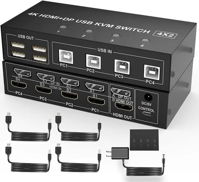 4 Port HDMI + DisplayPort KVM Switch Dual Monitor UHD 4K 60Hz KVM Switch 2 Monitors 4 Computers with 4 USB 2.0 Hub Keyboard Video Mouse Peripherals Switcher for 4 PCs Dual Monitors