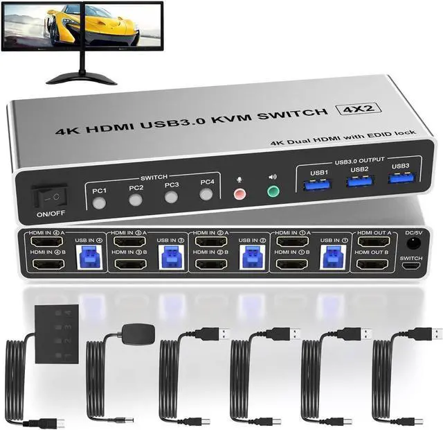 4 Port HDMI Dual Monitor USB 3.0 KVM Switch 4K 60Hz KVM Switch 2 Monitors for 4PCs Supports EDID HDMI KVM Switch 4 Computers with Audio Microphone Output and 3 USB 3.0 Ports 4 in 2 Out KVM