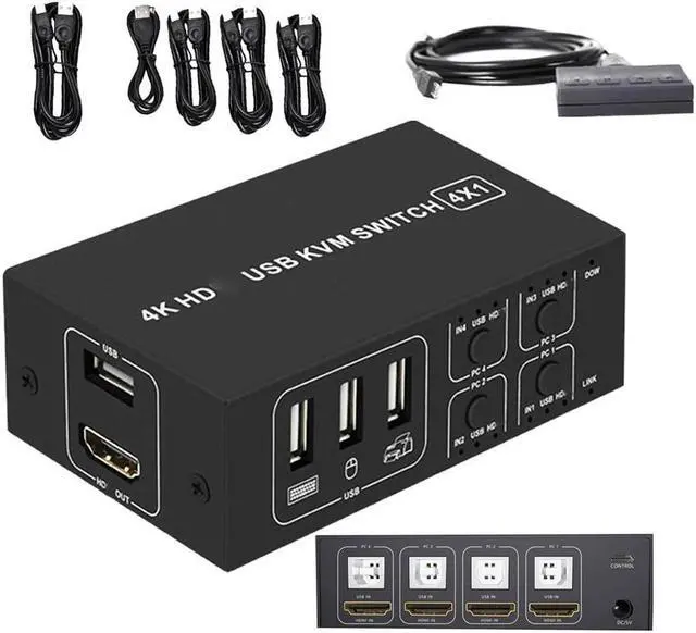 4 Port HDMI KVM Switch 4K 30HZ/1080P 60HZ USB HDMI KVM Switcher 4 in 1 Out USB HDMI for Mouse Keyboard Hub for PC Laptop Win7 Win10 MAC