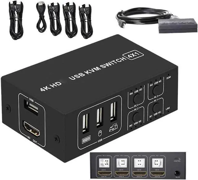 4 Port HDMI KVM Switch 4K 30HZ/1080P 60HZ USB HDMI KVM Switcher 4 in 1 Out USB HDMI for Mouse Keyboard Hub for PC Laptop Win7 Win10 MAC