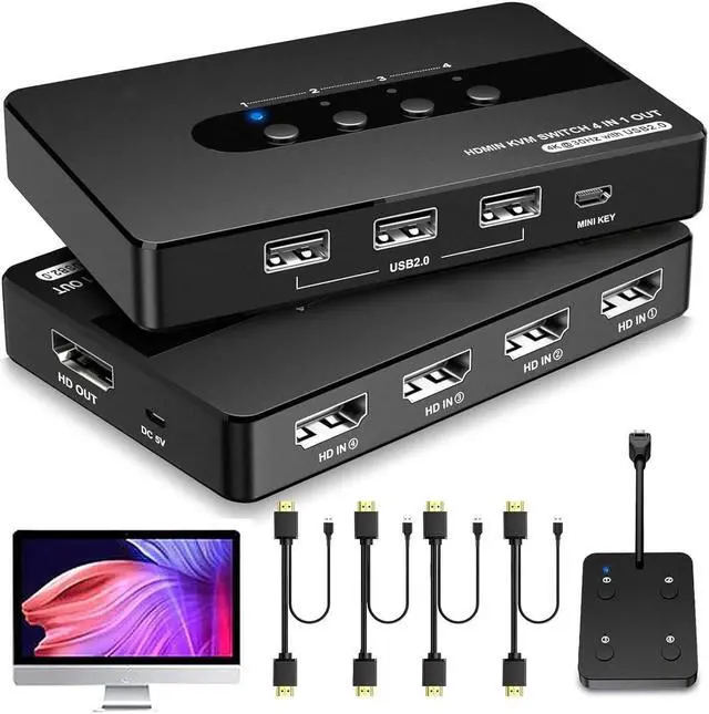 4 Port HDMI KVM Switch for 4 Computers 1 Monitor 4 in 1 Out HDMI KVM Switches Support UHD 4K 30HZ with 3 USB 2.0 Port to Share Keyboard Mouse Printer with Remote Control&Button Switch Support EDID
