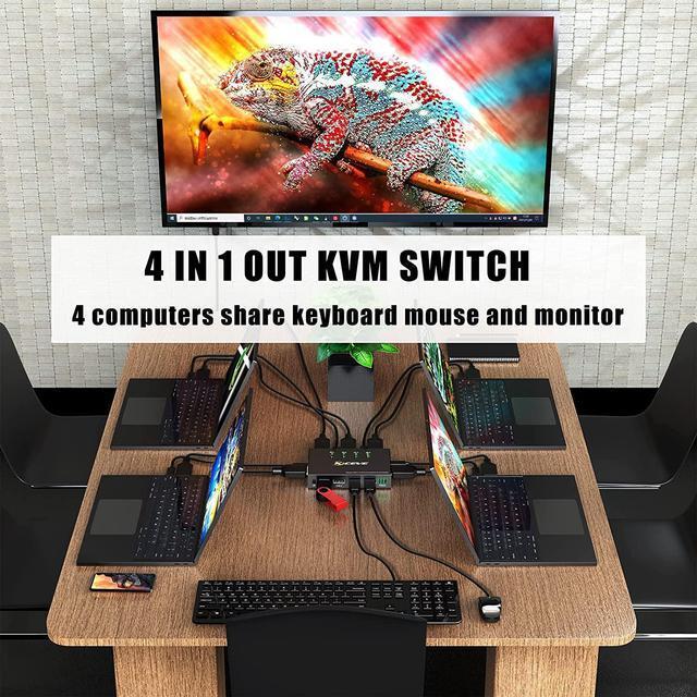 4 Port HDMI KVM Switch With Serial Port Control 4K 60Hz 4 In 1 Out HDMI KVM Switcher Box For Share Mouse Keyboard And Monitor Can Work With Pi-kvm Compatible With Windows/Linux/Mac System