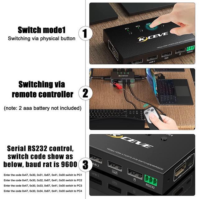4 Port HDMI KVM Switch With Serial Port Control 4K 60Hz 4 In 1 Out HDMI KVM Switcher Box For Share Mouse Keyboard And Monitor Can Work With Pi-kvm Compatible With Windows/Linux/Mac System