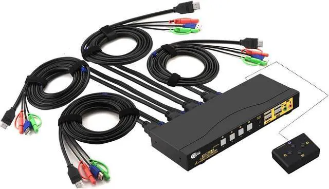 4 Port KVM HDMI Switch with Audio Microphone 2 USB 2.0 Hub and Cables Support Wireles Keyboard Mouse Resolution Up to 4Kx2K 60Hz 4:4:4