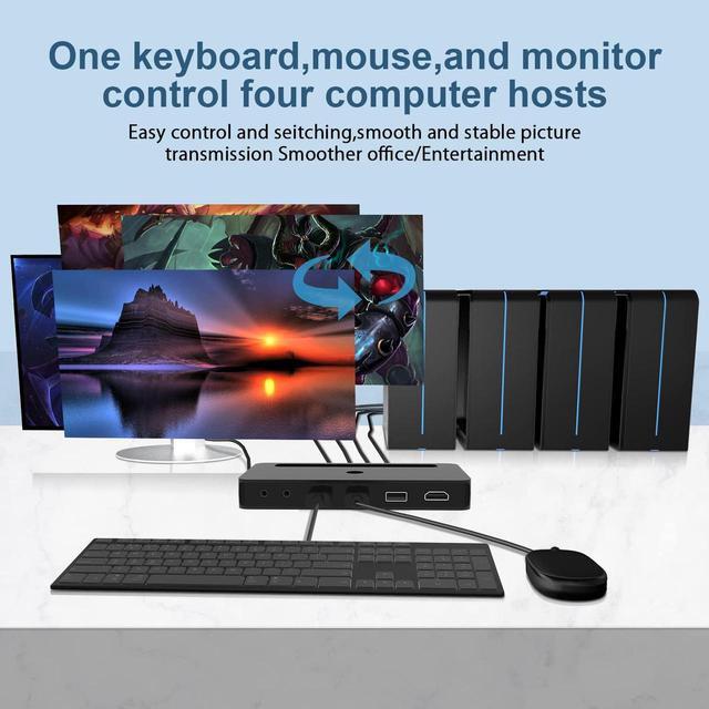 4 Port KVM HDMI Switch With Audio Microphone And 3 X USB Hub - 4K 60Hz 4 In 1 Out HDMI USB Switch Supports Keyboard Mouse With USB+HDMI Combo Cables X4USB Power CableWire Remote Switch