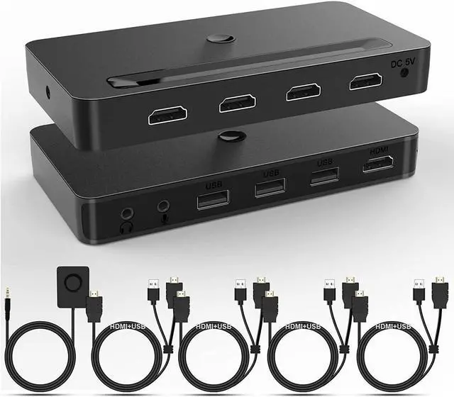 4 Port KVM HDMI Switch with Audio Microphone and 3 x USB Hub - 4K 60Hz 4 in 1 Out HDMI USB Switch Supports Keyboard Mouse with USB+HDMI Combo Cables x4USB Power CableWire Remote Switch