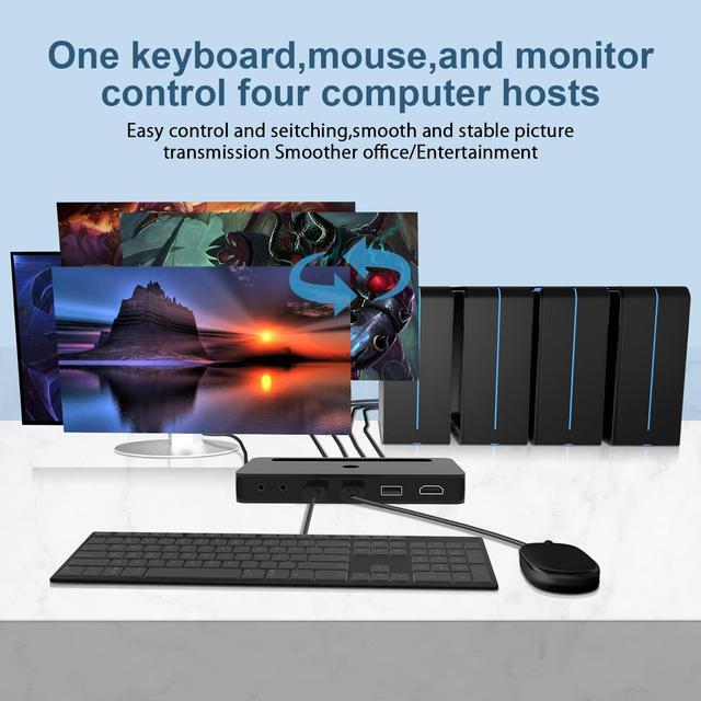 4 Port KVM HDMI Switch With Audio Microphone And 3 X USB Hub - 4K 60Hz 4 In 1 Out HDMI USB Switch Supports Keyboard Mouse With USB+HDMI Combo Cables X4USB Power CableWire Remote Switch