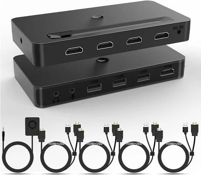 4 Port KVM HDMI Switch with Audio Microphone and 3 x USB Hub - 4K 60Hz 4 in 1 Out HDMI USB Switch Supports Keyboard Mouse with USB+HDMI Combo Cables x4USB Power CableWire Remote Switch