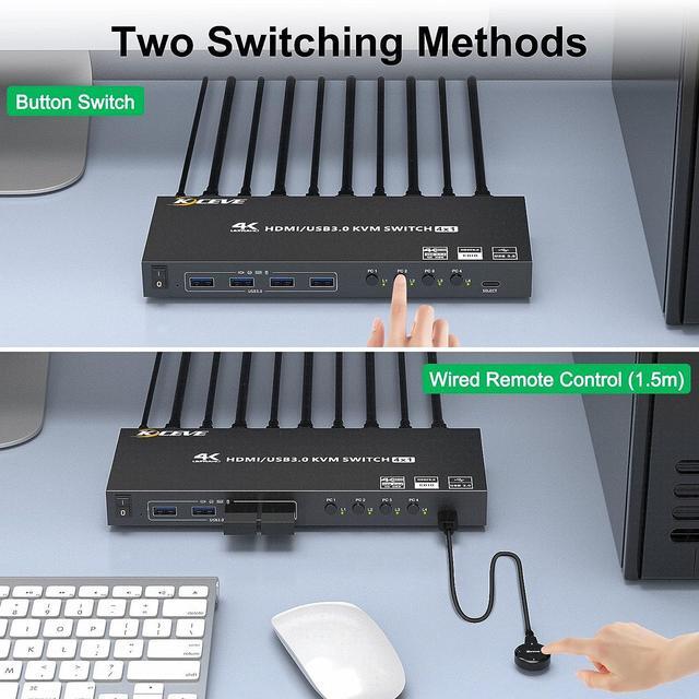 4 Port USB 3.0 HDMI KVM Switch Support 4K 60Hz 2K 120Hz RGB 4:4:4 Simulation EDID HDMI Switch 4 In 1 Out With 4 USB 3.0 Port For Keyboard Mouse Printer With Controller USB3.0 Cables And HD-MI Cables