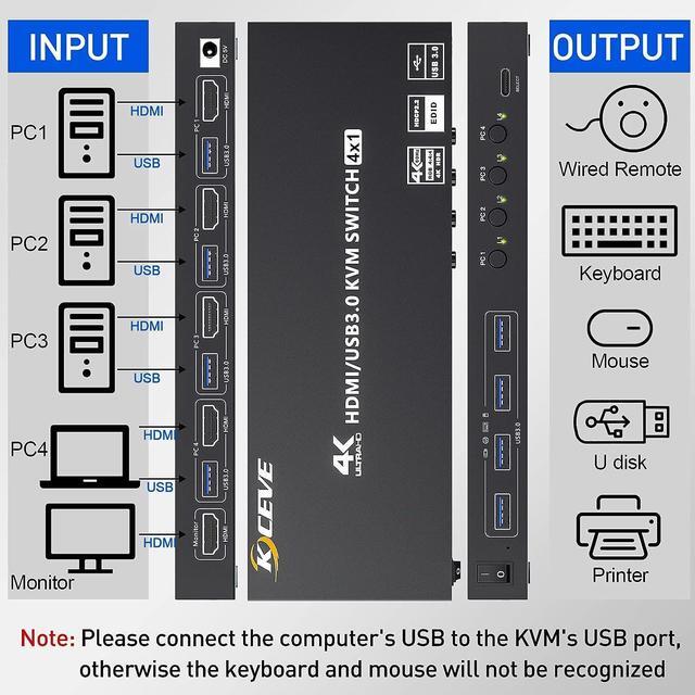 4 Port USB 3.0 HDMI KVM Switch Support 4K 60Hz 2K 120Hz RGB 4:4:4 Simulation EDID HDMI Switch 4 In 1 Out With 4 USB 3.0 Port For Keyboard Mouse Printer With Controller USB3.0 Cables And HD-MI Cables
