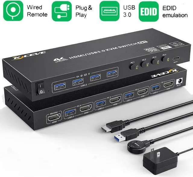 4 Port USB 3.0 HDMI KVM Switch Support 4K 60Hz 2K 120Hz RGB 4:4:4 Simulation EDID HDMI Switch 4 in 1 Out with 4 USB 3.0 Port for Keyboard Mouse Printer with Controller USB3.0 Cables and HD-MI Cables