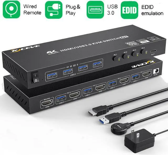 4 Port USB 3.0 HDMI KVM Switch Support 4K 60Hz 2K 120Hz RGB 4:4:4 Simulation EDID HDMI Switch 4 in 1 Out with 4 USB 3.0 Port for Keyboard Mouse Printer with Controller USB3.0 Cables and HD-MI Cables