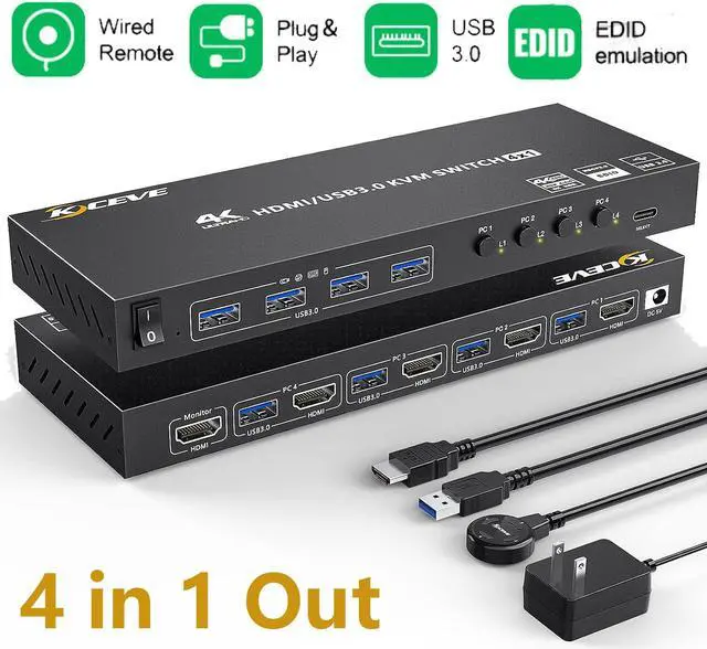 4 Port USB 3.0 HDMI KVM Switch Support 4K 60Hz 2K 120Hz RGB 4:4:4 Simulation EDID HDMI Switch 4 in 1 Out with 4 USB 3.0 Port for Keyboard Mouse Printer with Controller USB3.0 Cables and HD-MI Cables