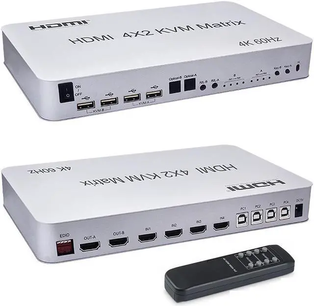 4 Port USB HDMI KVM Matrix 4x2 Dual Monitor 4K 60Hz HDR Switch Splitter 4 in 2 Out HDMI 2.0 Switcher for USB 2.0 Keyboard Mouse PC with Dual Independent Audio Support Auto Scale Audio Extractor