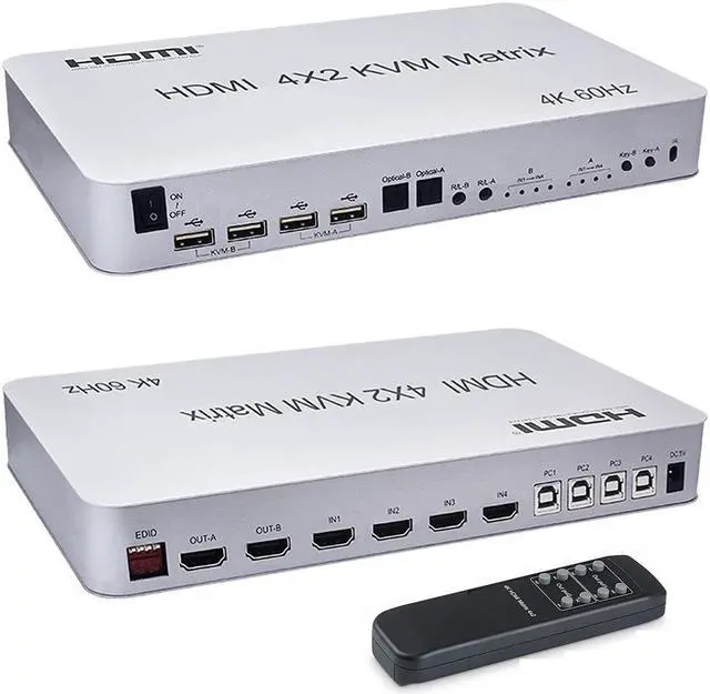 4 Port USB HDMI KVM Matrix 4x2 Dual Monitor 4K 60Hz HDR Switch Splitter 4 in 2 Out HDMI 2.0 Switcher for USB 2.0 Keyboard Mouse PC with Dual Independent Audio Support Auto Scale Audio Extractor