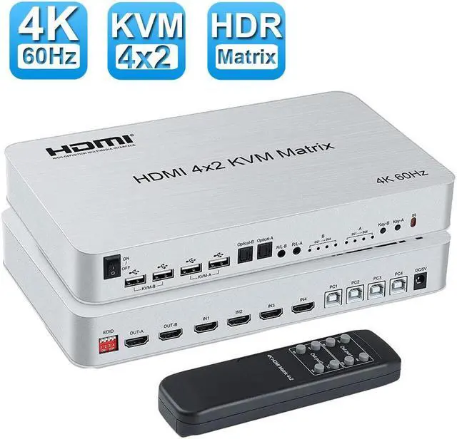 4 Port USB HDMI KVM Matrix Switch HDMI 4x2 Dual Monitor KVM Matrix 4K 60Hz HDR Switch Splitter HDMI 2.0 Audio Video Converter Support PC Keyboard Mouse