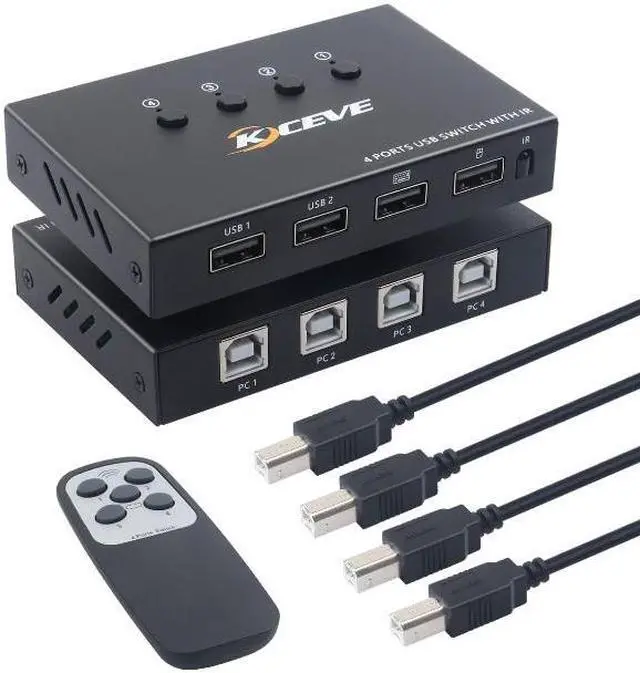 4 Port USB KVM Switch Share 4pcs USB Devices w/ USB Cables For Keyboard U Disk Printer Scanner