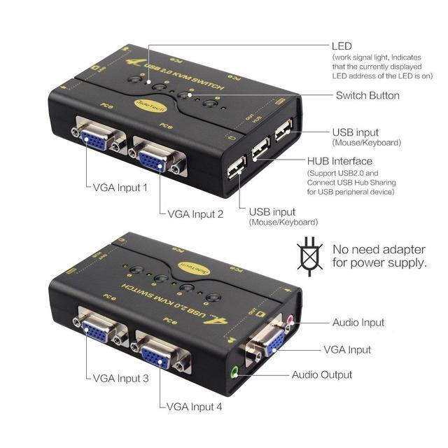 4 Port VGA KVM Switch With USB Hub And Audio Support Wireless Keyboard Mouse Connection And Push Button Switching Function