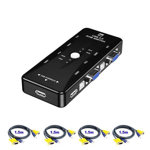 4 Port VGA KVM Switcher 4x1 VGA USB VGA Switch 4 In 1 Out Support Printer Mouse Keyboard Share 1920*1440 VGA Switch Box Adapter(only 1 KVM)