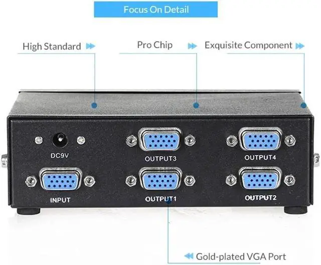 4 Port VGA Splitter 1 In 4 Out 1080P VGA Distributor Splitter 1x4 Video Screen Duplication Converter Support 200MHz Bandwidth(US Plug)